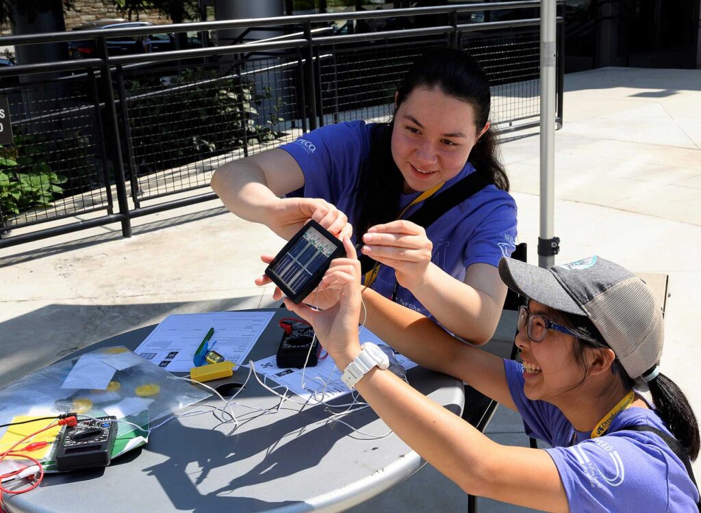 Two girls using a solar device