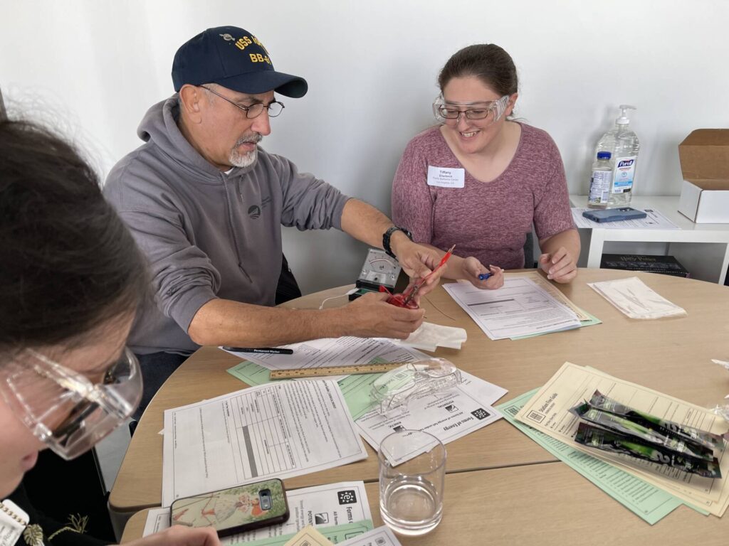 Two teachers discussing a science experiment