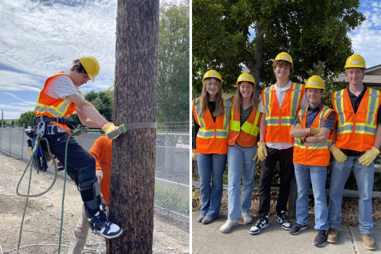 Student climbing a telephone pole and students in safety vests