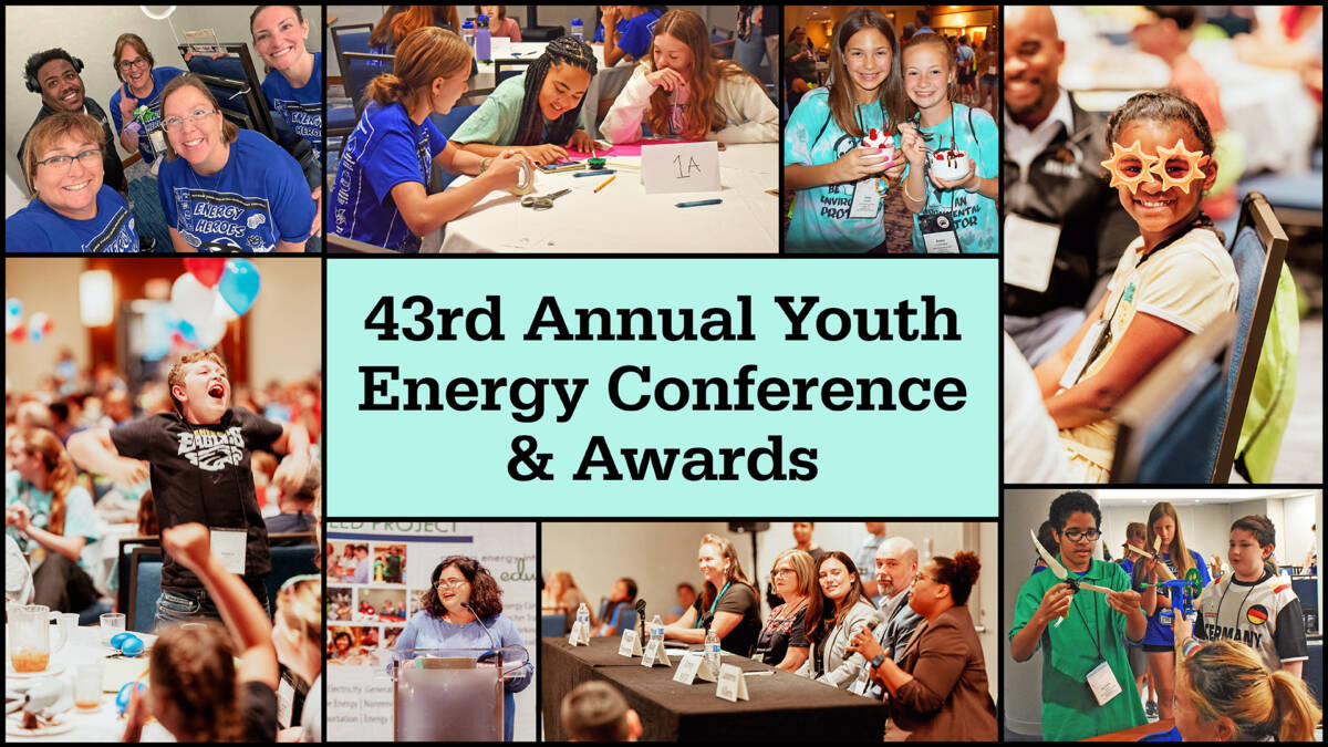 Pictures from the 43rd Annual Youth Energy Conference & Awards showing children participating in conference activities and experiments