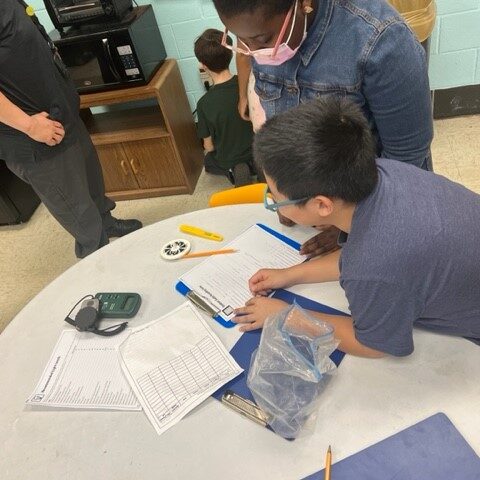 Students working on an experiment at a desk